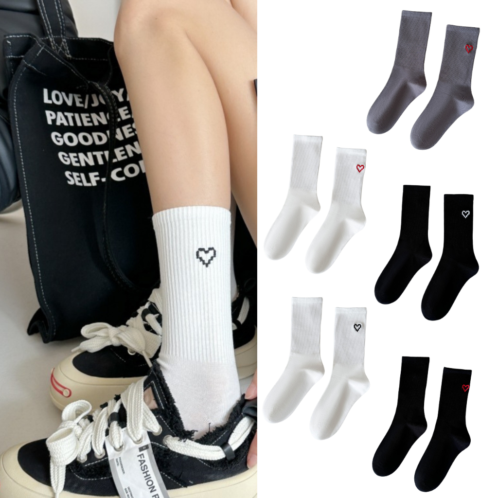 ถุงเท้าหัวใจข้อยาวหัวใจปัก ทั้งหมด5สี พร้อมส่งในไทยถุงเท้าหัวใจข้อยาว