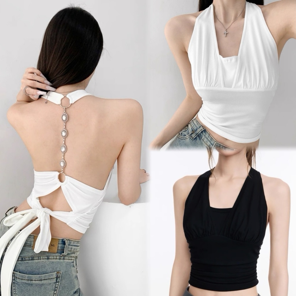 Mayura_Stores No.2636 เสื้อครอปคล้องคอผ้ายืดโชว์หลัง ผูกโบว์แต่งอะไหล่สายเพชร เซ็กซี่ มีฟองน้ำแบบบางในตัว เสื้อผ้าแฟชั่น