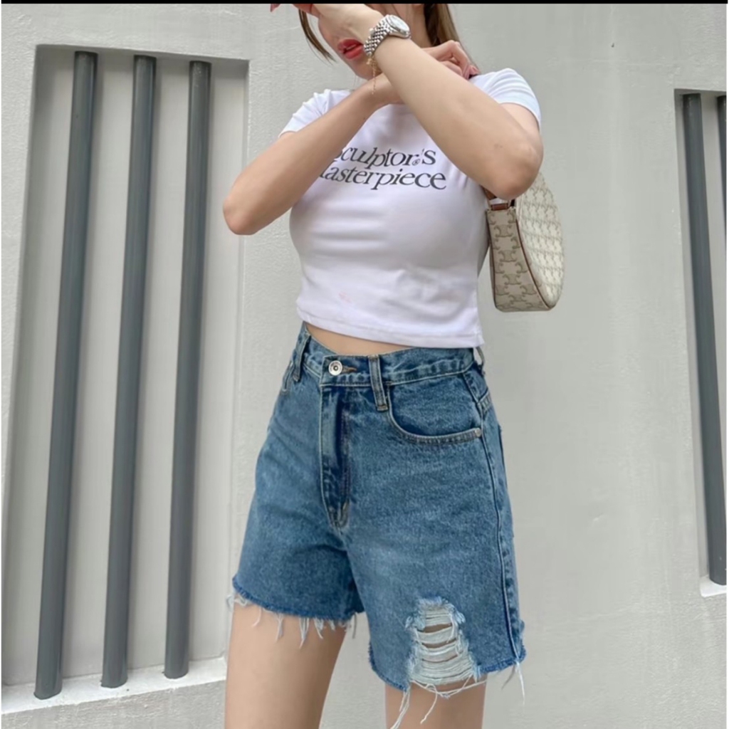 ยีนส์SARAN P01 กางเกงยีนส์ขาสั้นแต่งขาด