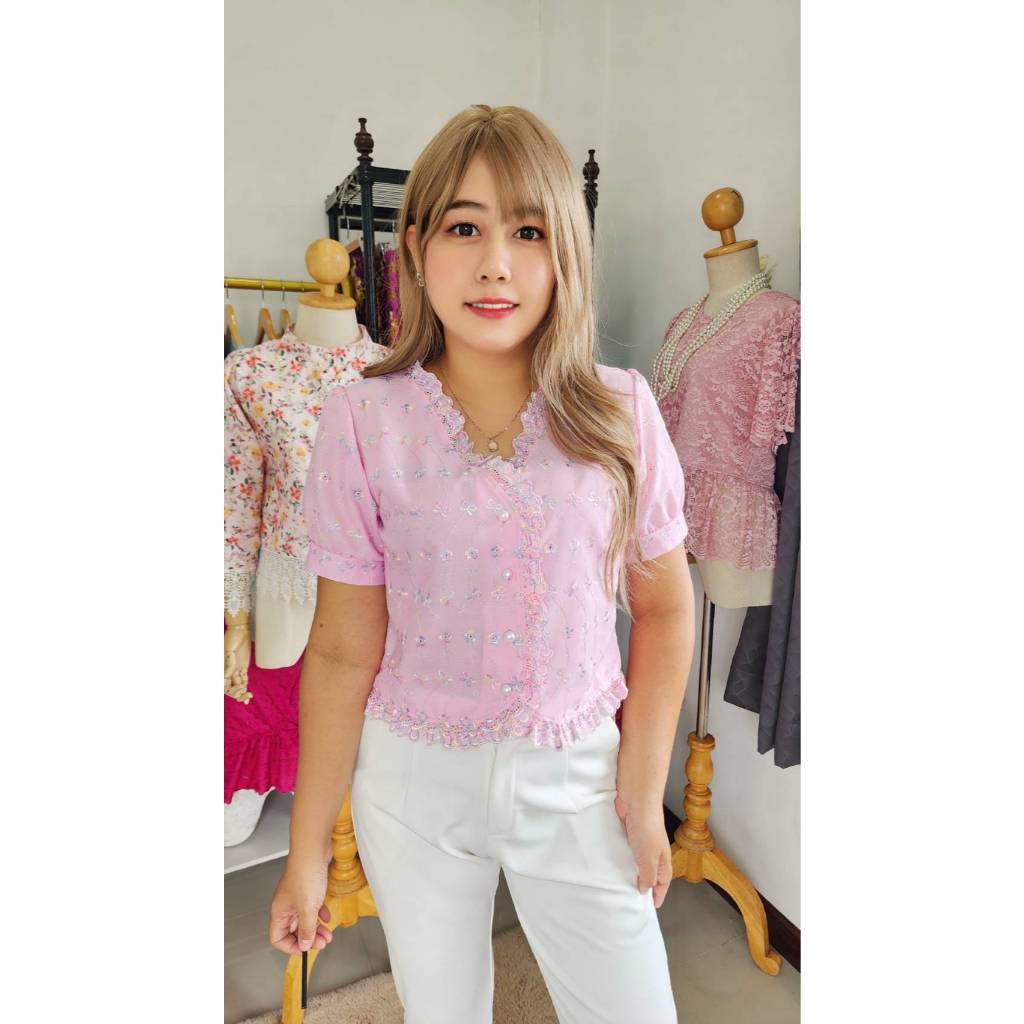 อก34-54นิ้วเสื้อผ้าฝ้ายปักลายลูกไม้สลับสี คอวีแต่งระบายแขนสั้น - รูปที่ 5