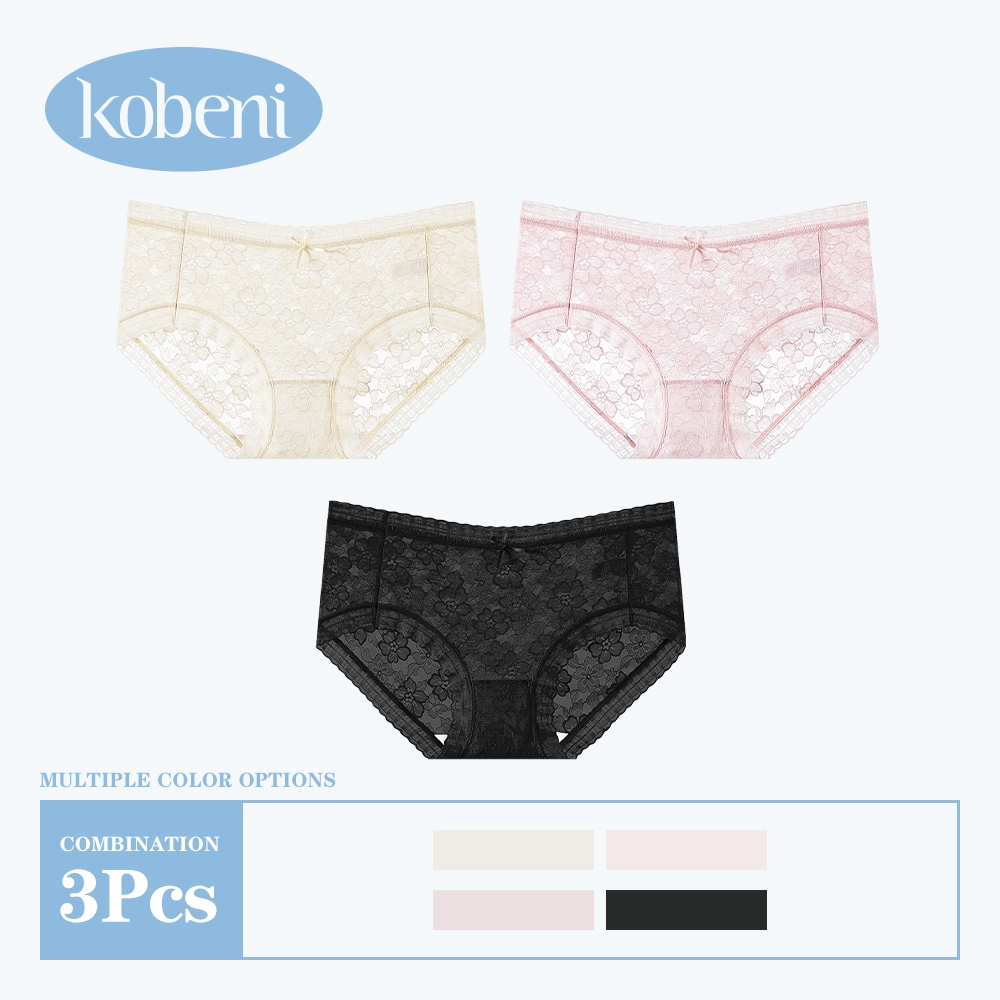 ⭐KOBENI⭐【แพ็ค 3ตัว】กางเกงชั้นใน แต่งโบว์ มีขอบลูกไม้ ใส่สบาย แบบบาง เอวกลาง ระบายอากาศ ขนาด L-XL