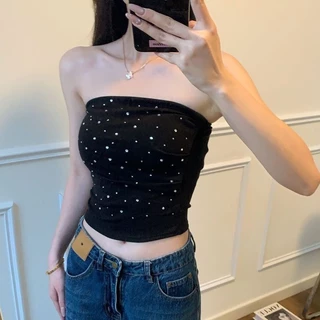 พร้อมส่ง🤍เสื้อเกาะอก ปักเพชร ใสแล้วกลายเป็นสาวแซ่บๆ มีฟองน้ำ เซ็กซี่มาก