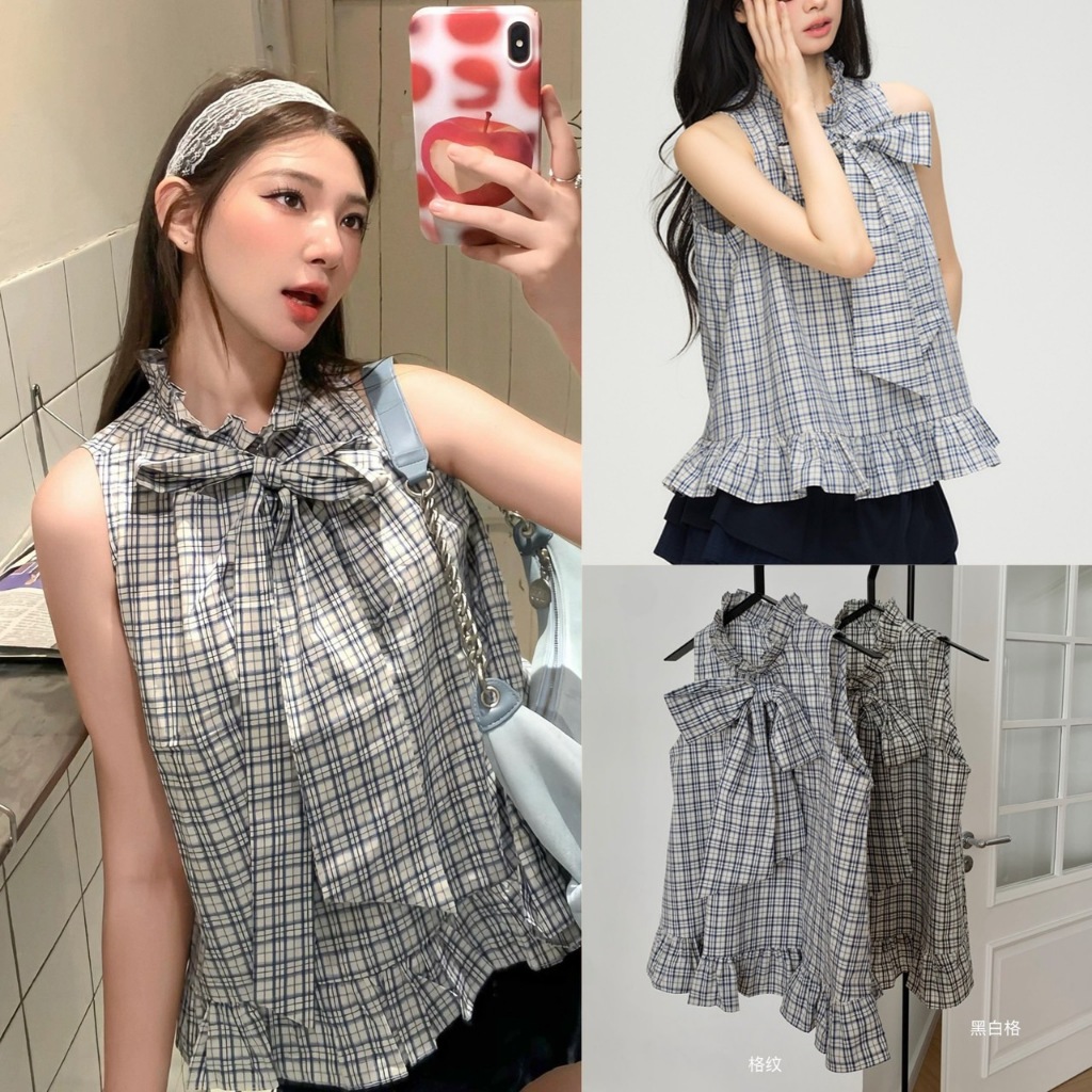 🧡🧵 🇰🇷 W6595 เสื้อแขนกุด ลายสก็อต สีสวยน่ารักมากๆ ช่วงคอแต่งโบว์ใหญ่ แฟชั่นเกาหลี TAG WG.WE 🧵🧡