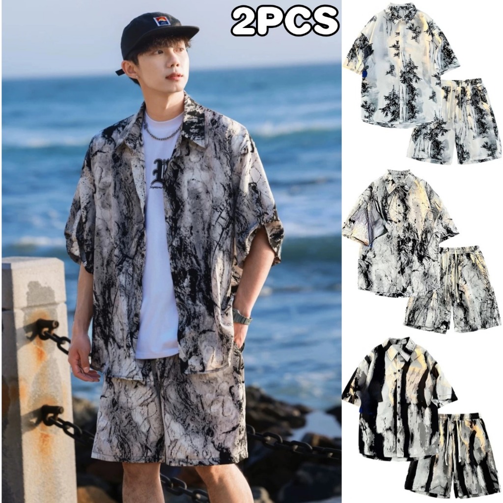 ⚡50-110KG⚡เสื้อฮาวาย สงกรานต์ เสื้อฮาวายผู้ชาย 2PCS hawaiian ระบายอากาศดี Oversize เหมาะกับเดินชายหาด ใส่ได้หญิงชาย