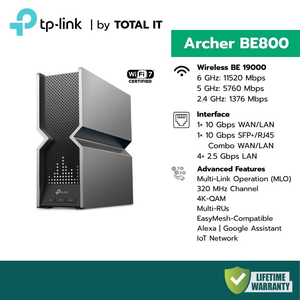 TP-Link Archer BE800 เราเตอร์เรือธง Wi-Fi 7 BE19000 Tri-Band พอร์ต 10Gbps ประกันศูนย์