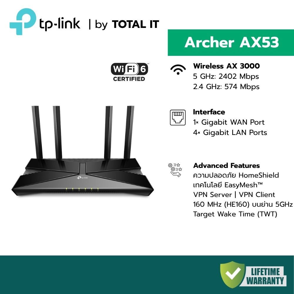 TP-Link Archer AX53 เราเตอร์ Wi-Fi 6 AX3000 รุ่นเริ่มต้นสุดคุ้ม ประกันศูนย์