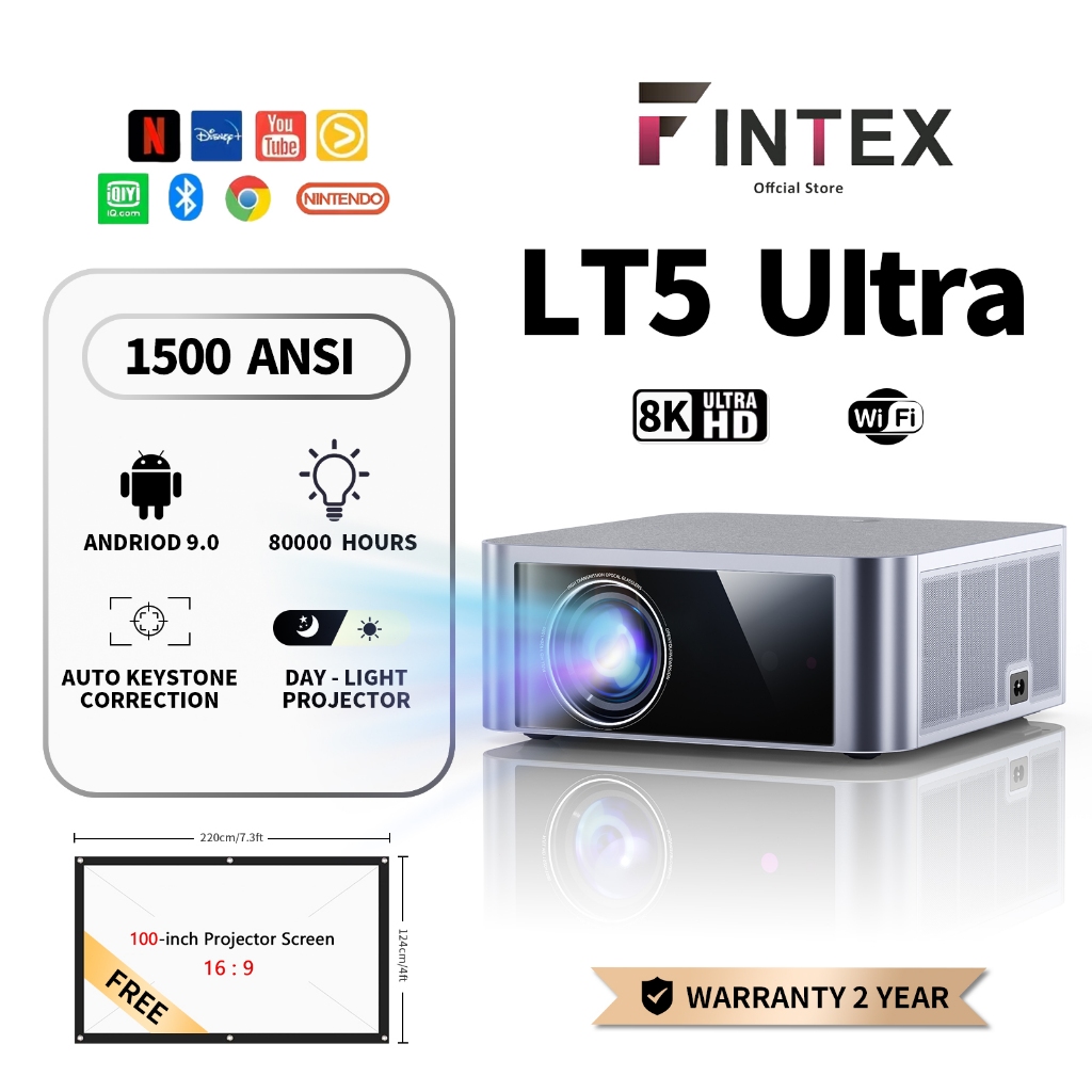 FINTEX LT5 8K Projector for phone Full HD 1500ANSI  โฮมเธียเตอร์ฉายภาพกลางแจ้งกลางวันและกลางคืนปรับอ