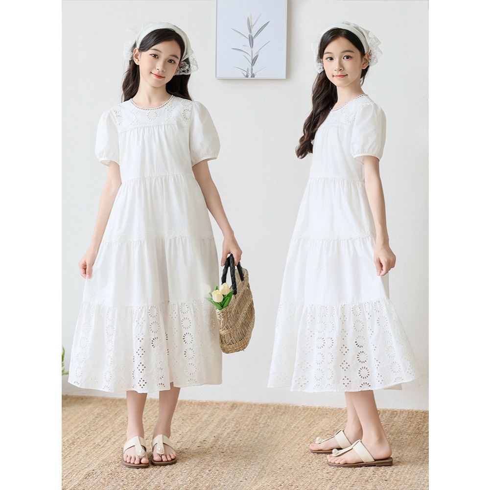 ชุดเดรสกระโปรงลูกไม้สีขาว ชุดกระโปรงเด็กโตสีขาว ชุดไปงานเด็กสีขาว Premium Dress