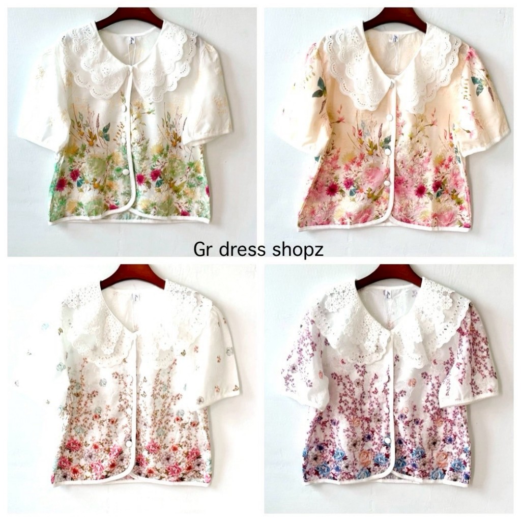 เสื้อผ้าคอตตอนปักฉลุลายทั้งตัว แต่งปกลูกไม้ อก 42 นิ้ว ยาว 22 นิ้ว