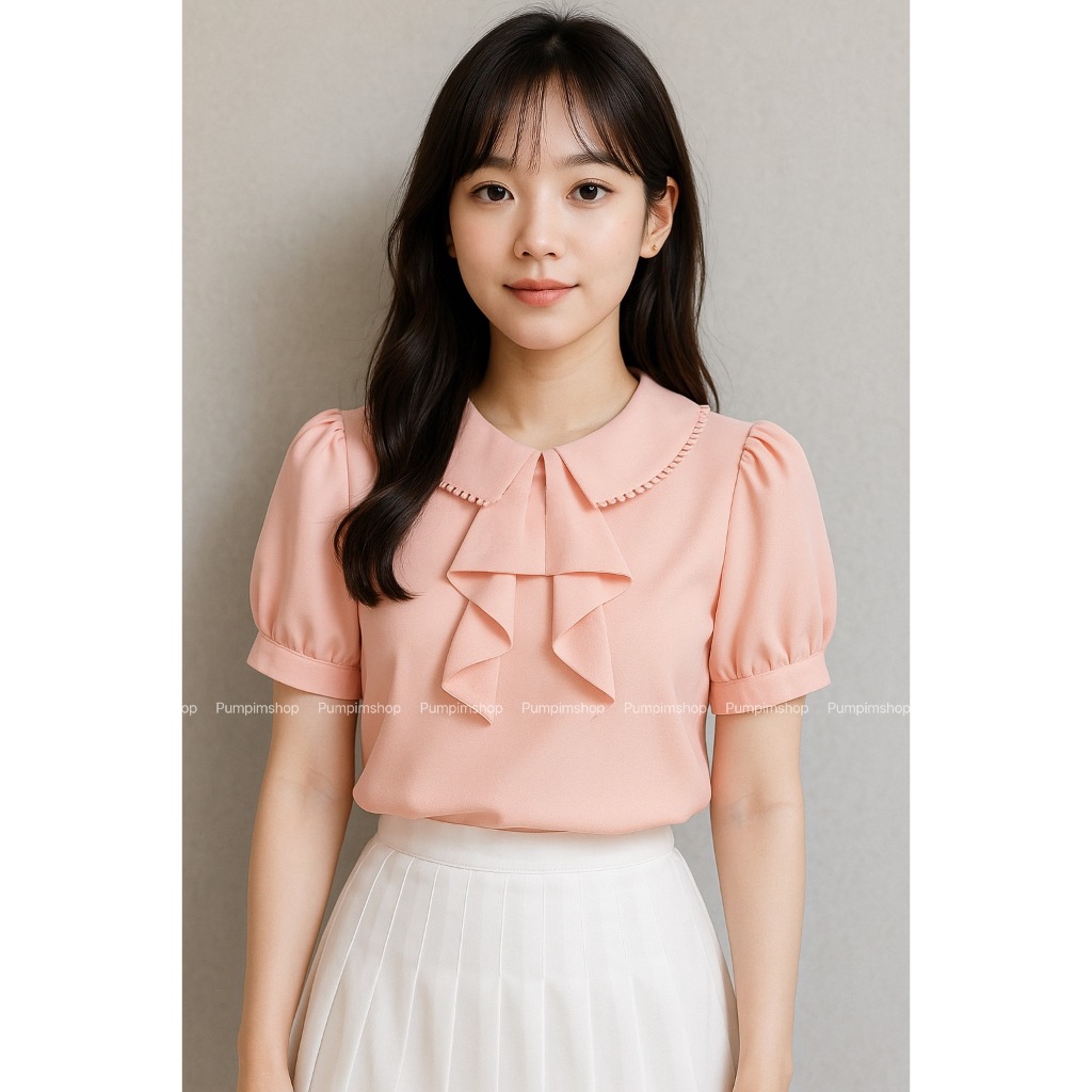 🔴ส่งไว🔴⚡ 👉เก็บโค้ดหน้ากิจกรรม โค้ดลด 30% สูงสุด 150.- ♡̷  เสื้อคอปกโบว์แต่งขอบลูกไม้ปอมน่ารัก