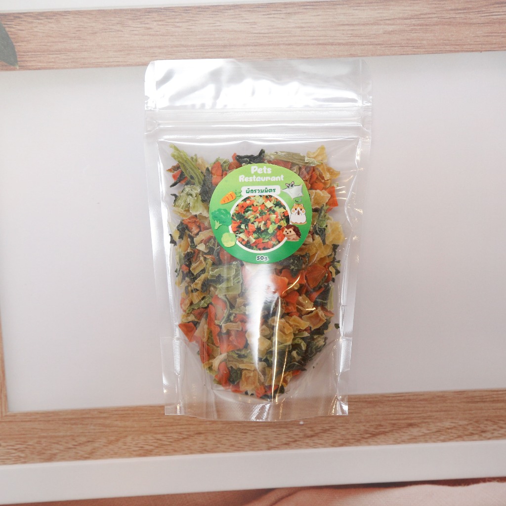 ผักรวมมิตรอบแห้ง 50g ขนมหนูแฮมเตอร์ กระต่าย เม่นแคระ นก มีมันหวาน แครอท ข้าวโพด มันม่วง บล็อคโคลี่ ผักโขม เสริมวิตามิน - รูปที่ 2
