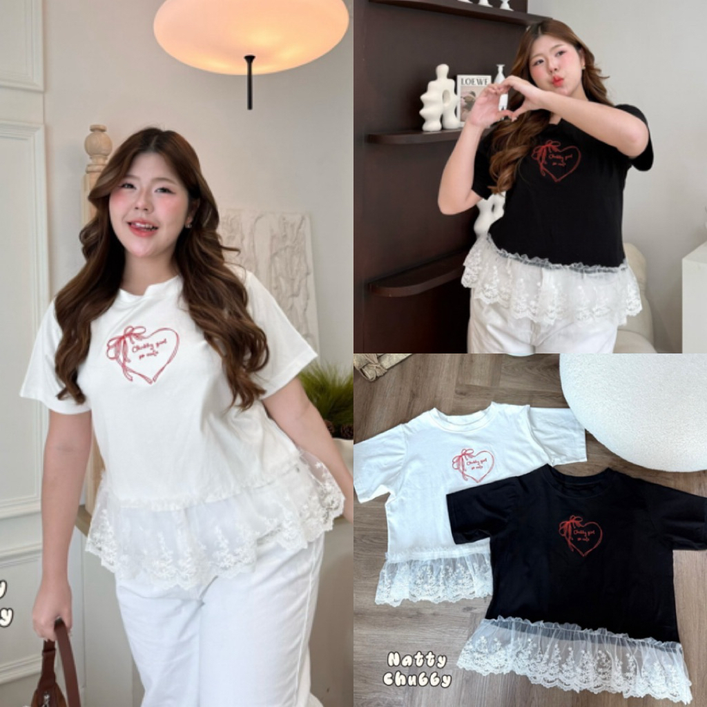 NC เสื้อยืดคอกลม ปักหัวใจสีแดง❤️ แต่งชายลูกไม้เพิ่มความน่ารัก ไซส์ใหญ่ สาวอวบ