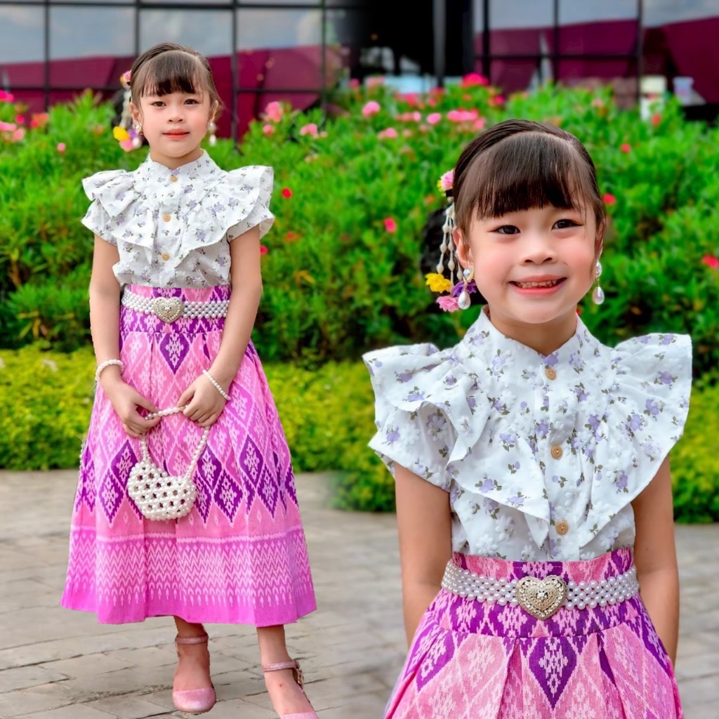 ชุดไทยเด็กผู้หญิง เด็กโต 8-15ปี เซท2ชิ้น เสื้อ กระโปรง อก38นิ้ว ผ้าฝ้ายพิมลายไทย ใส่สบาย อัดลายดอกไม้นูน - รูปที่ 5
