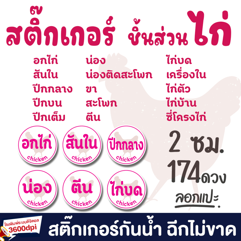 สติ๊กเกอร์ ไก่ อกไก่  ชิ้นส่วนไก่ กันน้ำ ไดคัทแล้ว ลอกแปะได้เลย