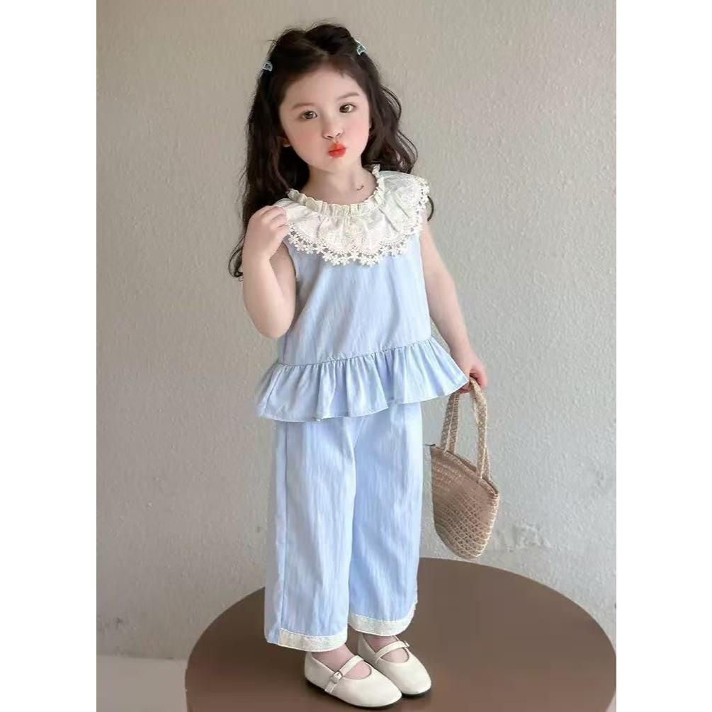 nana*8808-6*ชุดเช็ตสีฟ้าสำหรับเด็กผู้หญิง เสื้อพร้อมกางเกงขาบอ ไสต์เกาหลี - รูปที่ 2