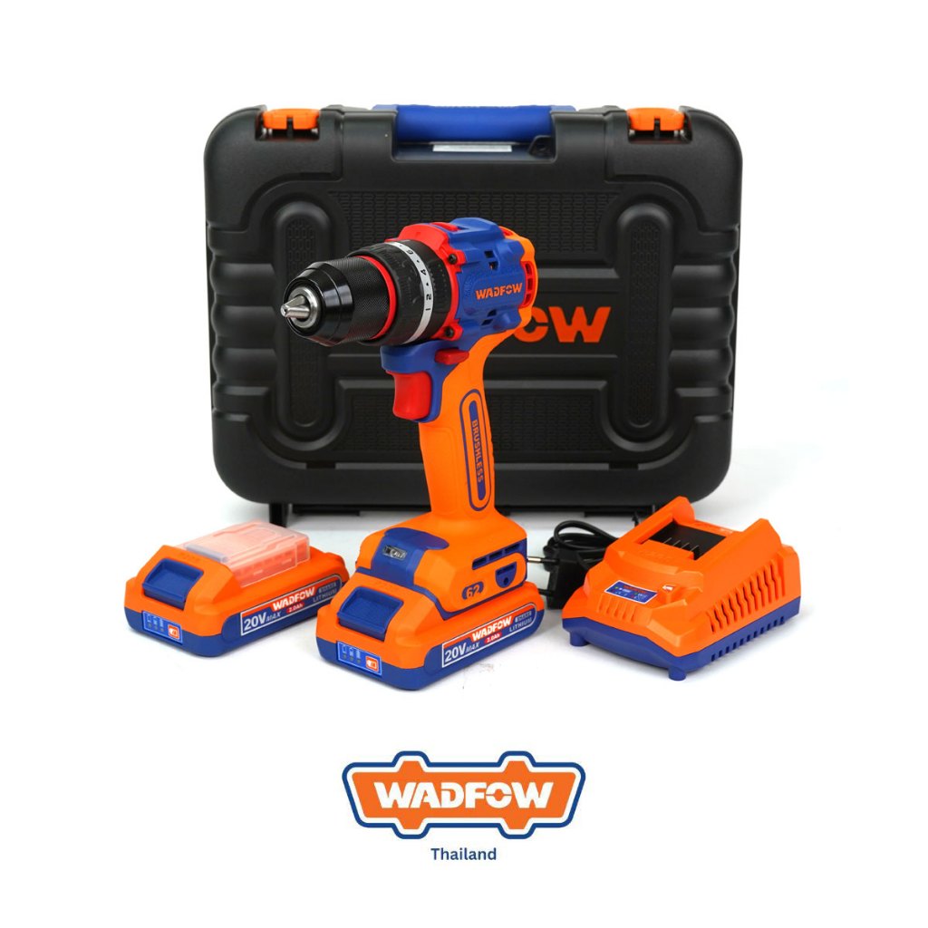 WADFOW WCDP6281 สว่านกระแทกไร้สาย ไร้แปรงถ่าน 20V. พร้อมแบตเตอรี่ 2 ก้อนและแท่นชาร์จ