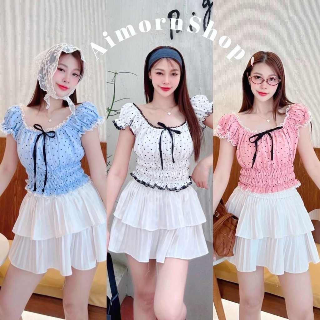 🔥aimorn_shop🔥เสื้อครอปแขนตุ๊กตา ลายจุด สม็อครอบเอว แต่งเชือกผูกโบว์ ดีเทลทรงสวยมาก