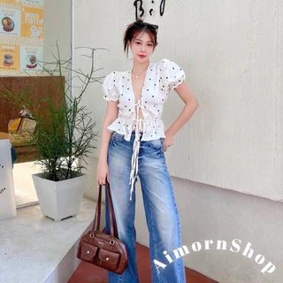 🔥aimorn_shop🔥เสื้อผูกหน้า มีเชือกผูกโบว์ปรับเอง ทรงแขนตุ๊กตา งานสวยแซ่บมาก ดีเทลลายจุดกำลังฮิตมาแรง