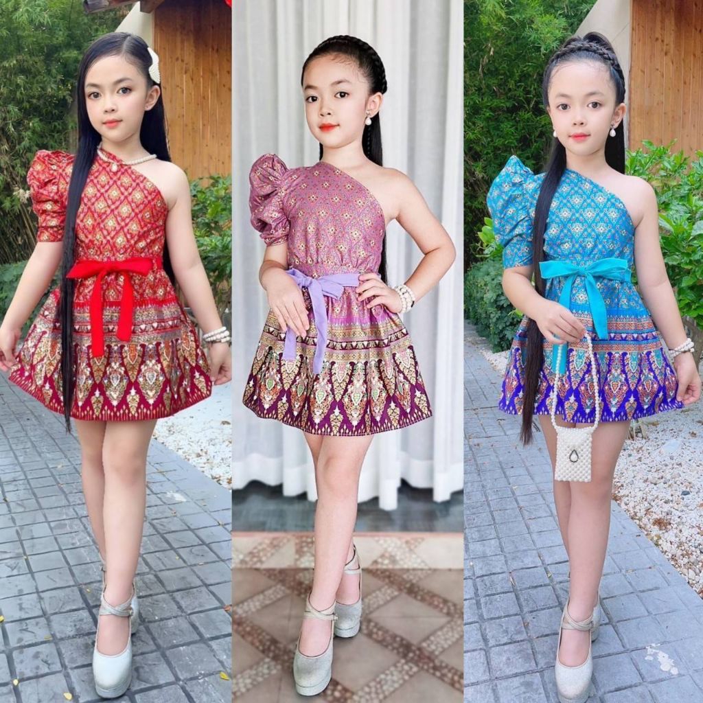 ชุดลายไทยเปิดไหล่เด็กผู้หญิง