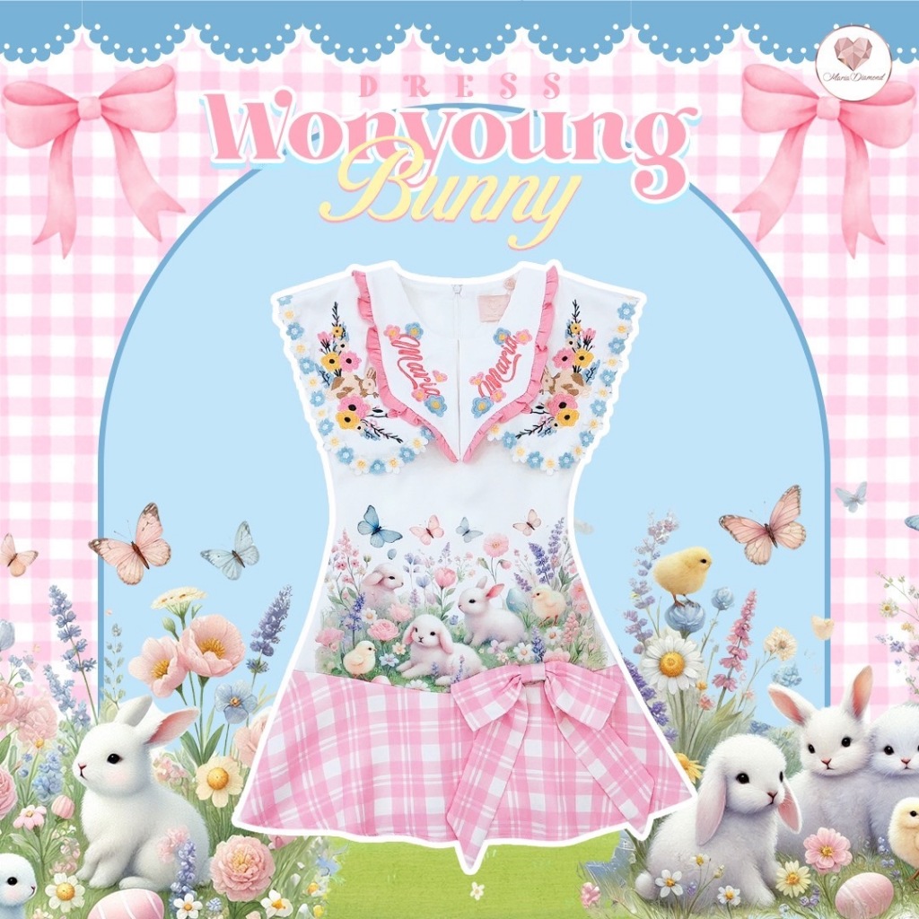 (มี3XL) Wonyoung Bunny Dress เดรสผ้าเปเป้พิมพ์ลาย ปกสองชั้นงานปัก แต่งดอกเดซี่ แต่งโบว์กระโปรง ซิปหลัง มีซับใน