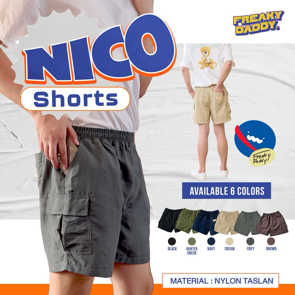 Nico Shorts กางเกงขาสั้น ทรง Cargo ผ้าไนล่อนพรีเมี่ยม เอวยางยืดมีเชือก 6 สี