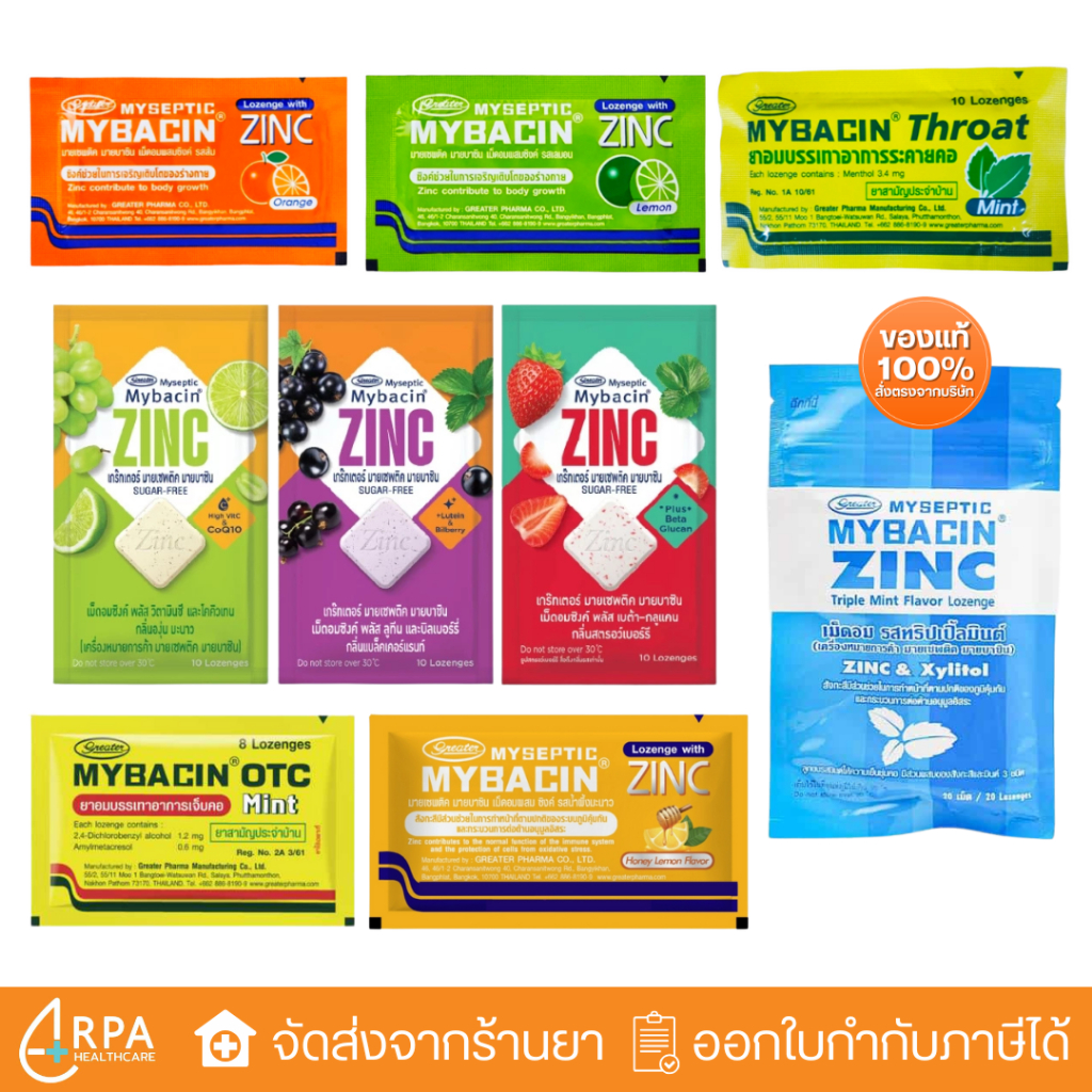 [ส่งด่วน,แท้] Mybacin เม็ดอมมายบาซิน ยาอม บรรเทาอาการเจ็บคอ OTC Mint และ THROAT Mint Zinc & Xylitol 