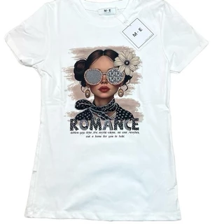 เสื้อยืดคอกลมแขนสั้น รีดเพชรลายผู้หญิงใส่แว่นดอกไม้ทัดหู ป้าย ME