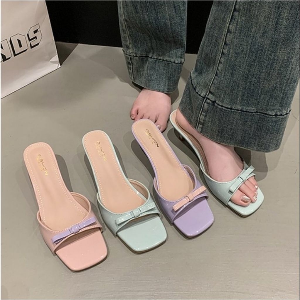 👡24h.พร้อมส่งในไทย👠รองเท้าส้นสูง6CM มีโบว์🎀สีเทอร์คอยส์🩵หวาน ใส่ออกงาน เที่ยว แฟชั่น💕3 สี  AC