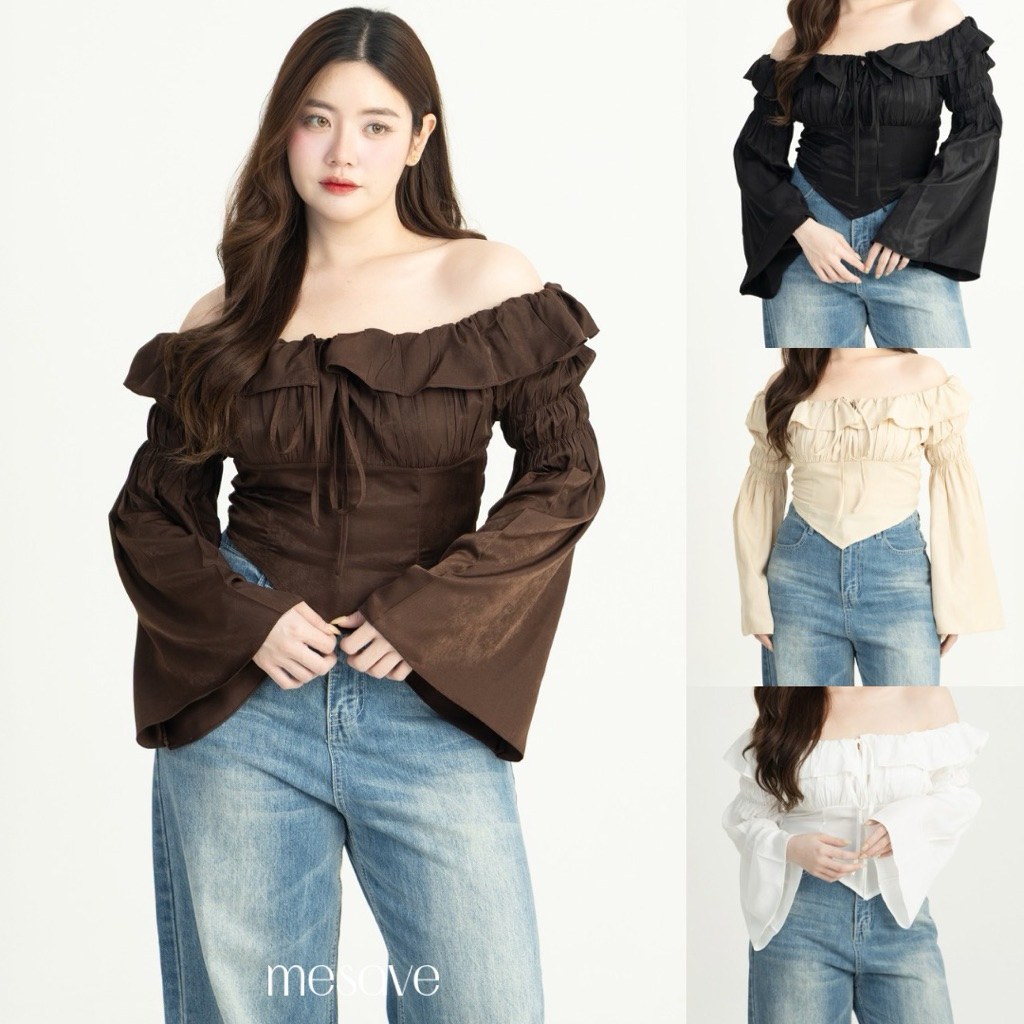 (5สี 3ไซส์) VENUS TOP เสื้อปาดไหล่ผูกอกแขนบาน รุ่นT90 - Mesave