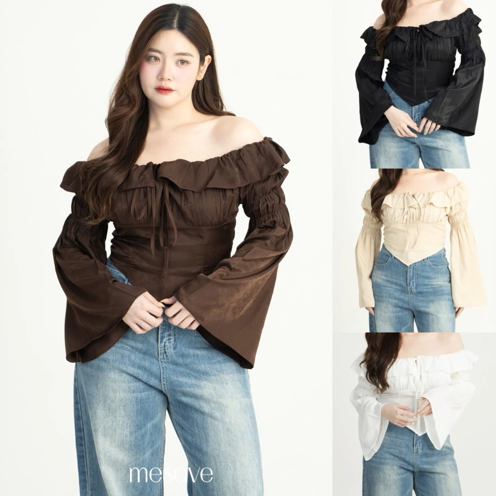 (5สี 3ไซส์) VENUS TOP เสื้อปาดไหล่ผูกอกแขนบาน รุ่นT90 - Mesave