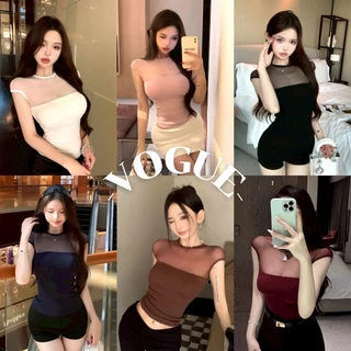Vogue🌟พร้อมส่ง🌟 เสื้อยืดแขนสั้น ดีเทลแต่งซีทรูด้านบน สีสดใส ยืดพอดี (FY1040)