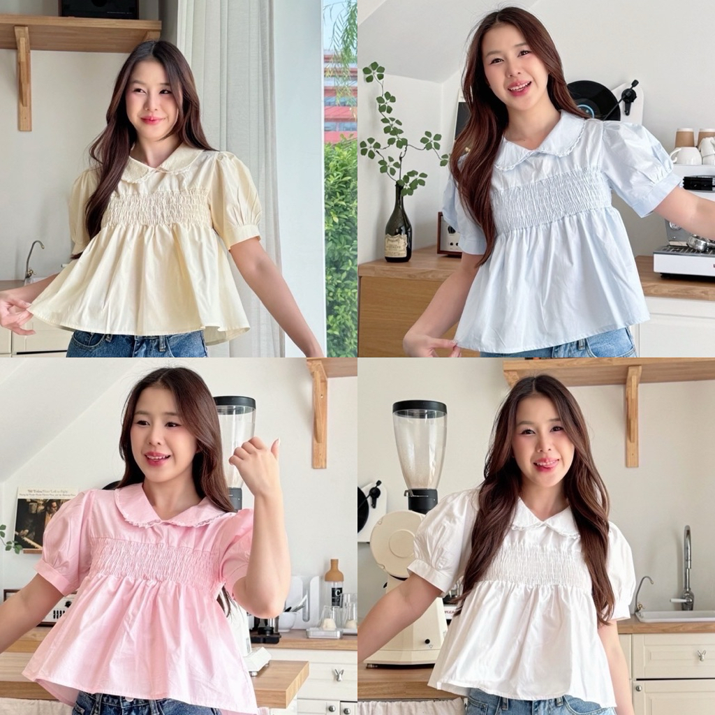 Cookies bear เสื้อคอบัว ผ้าคอตตอน100% แต่งสม็อคช่วงอก