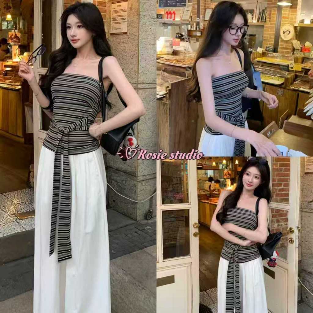 ROSIE พร้อมส่ง 🐈‍⬛ 🎶เสื้อเกาะอกผู้หญิง พิมพ์ลายขวาง เสื้อครอป ดีไซน์เชือกผูก ทรงกระชับเอวY2K สไตล์เรียบหรู ชุดไปเที่ยว