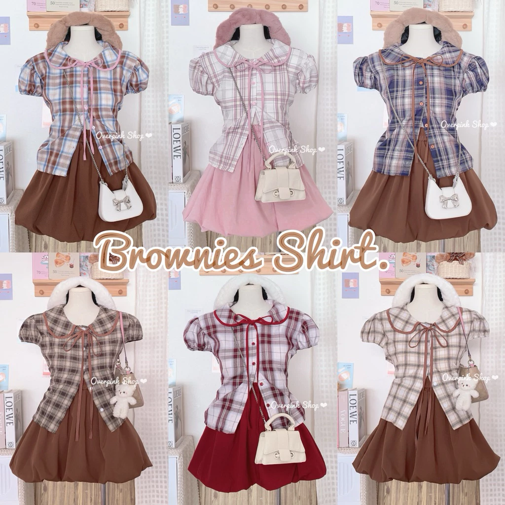 🌸OVP🌸 Earth Tone เสื้อคอบัว แขนดอลลี่ ผ้าลายสก็อต สีน้ำตาล กระดุมหน้าใช้ได้ เสื้อเชิ้ต