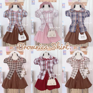 🌸OVP🌸 Earth Tone เสื้อคอบัว แขนดอลลี่ ผ้าลายสก็อต สีน้ำตาล กระดุมหน้าใช้ได้ เสื้อเชิ้ต