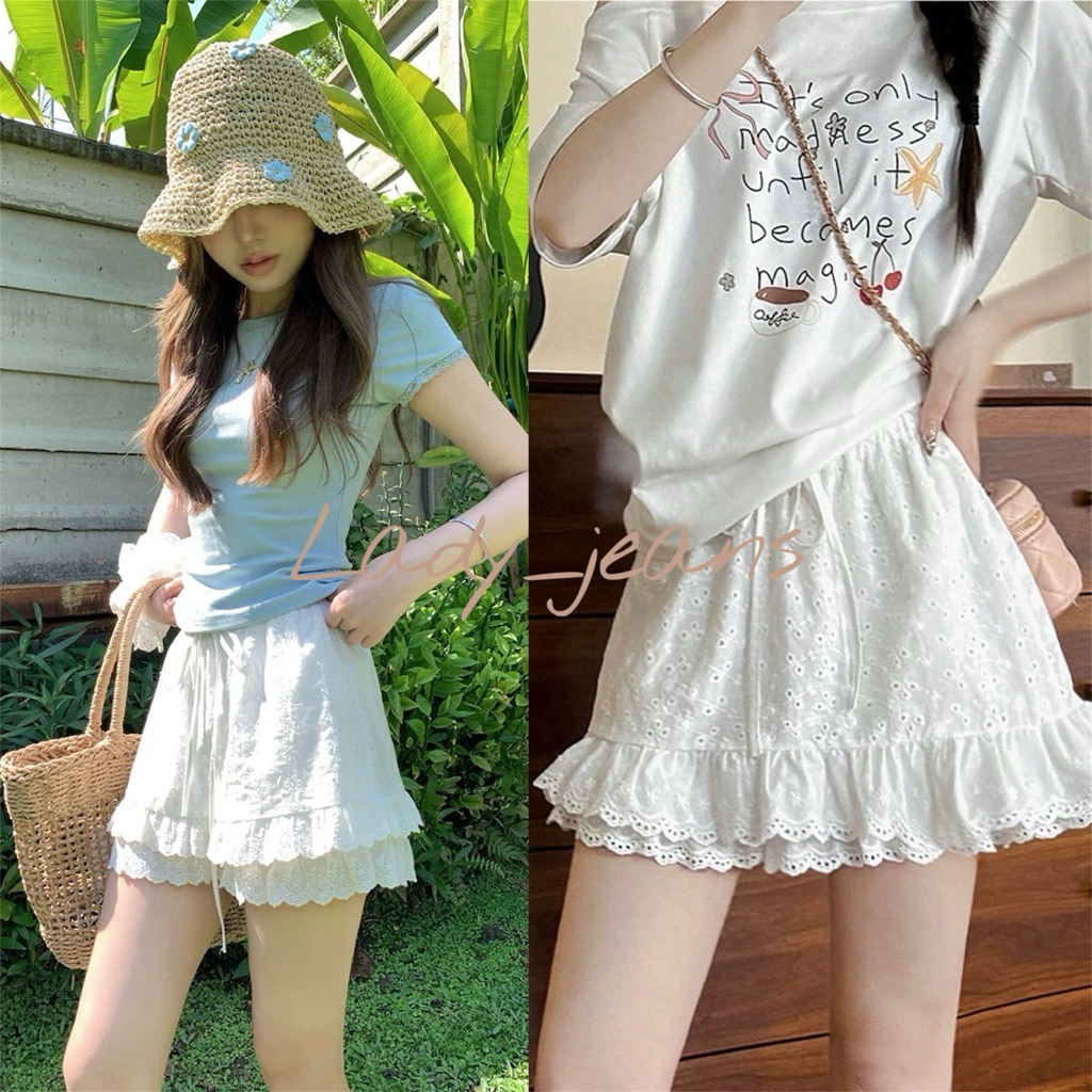 Lady_jeans#5500(K)กระโปรงลูกไม้สั้น 2 ชั้นแต่งระบาย สไตล์เกาหลี วินเทจน่ารัก ใส่เที่ยวคาเฟ่ ใส่สบาย พร้อมส่ง