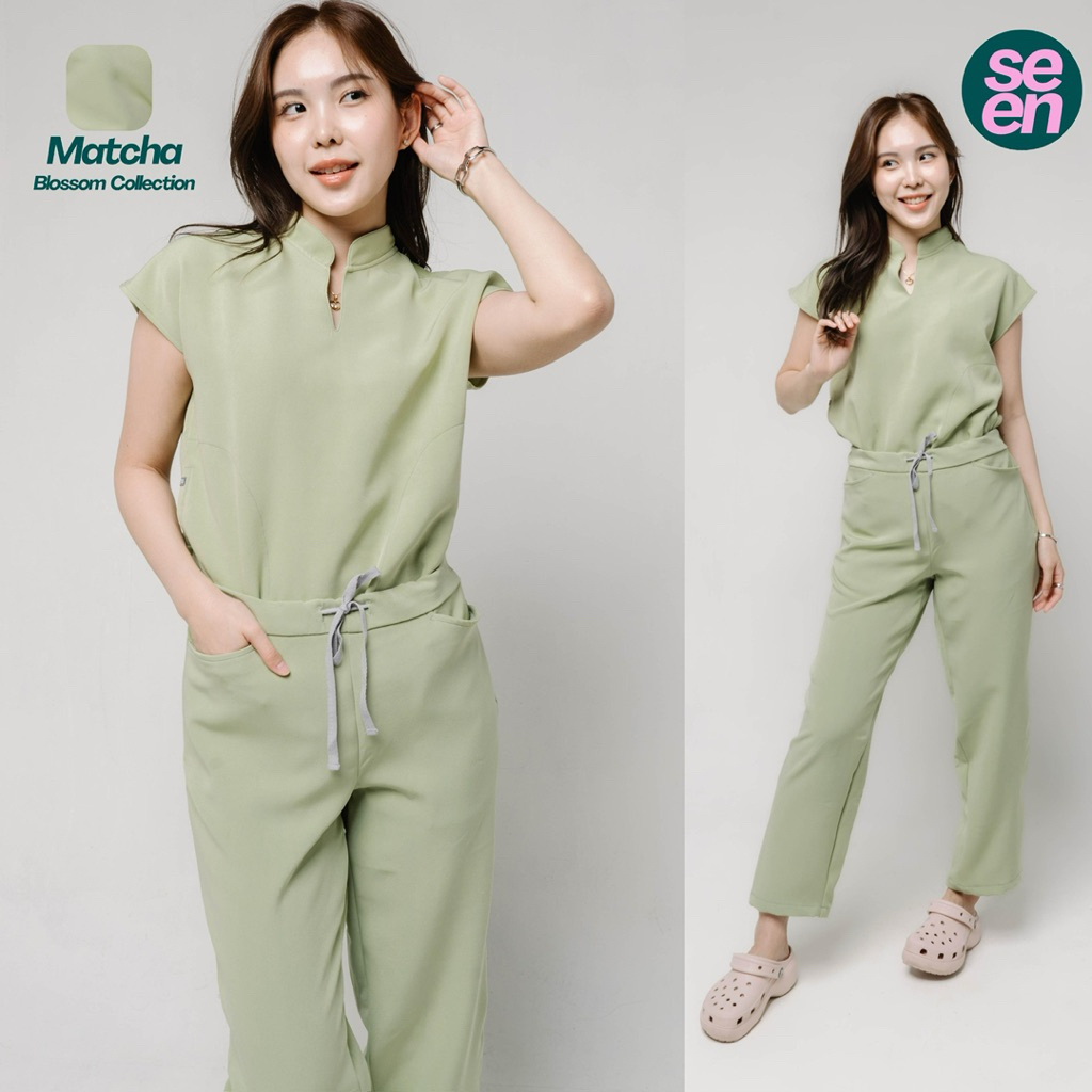 ชุดสครับการแพทย์ สี Matcha รุ่น Blossom (รวมเสื้อและกางเกง)