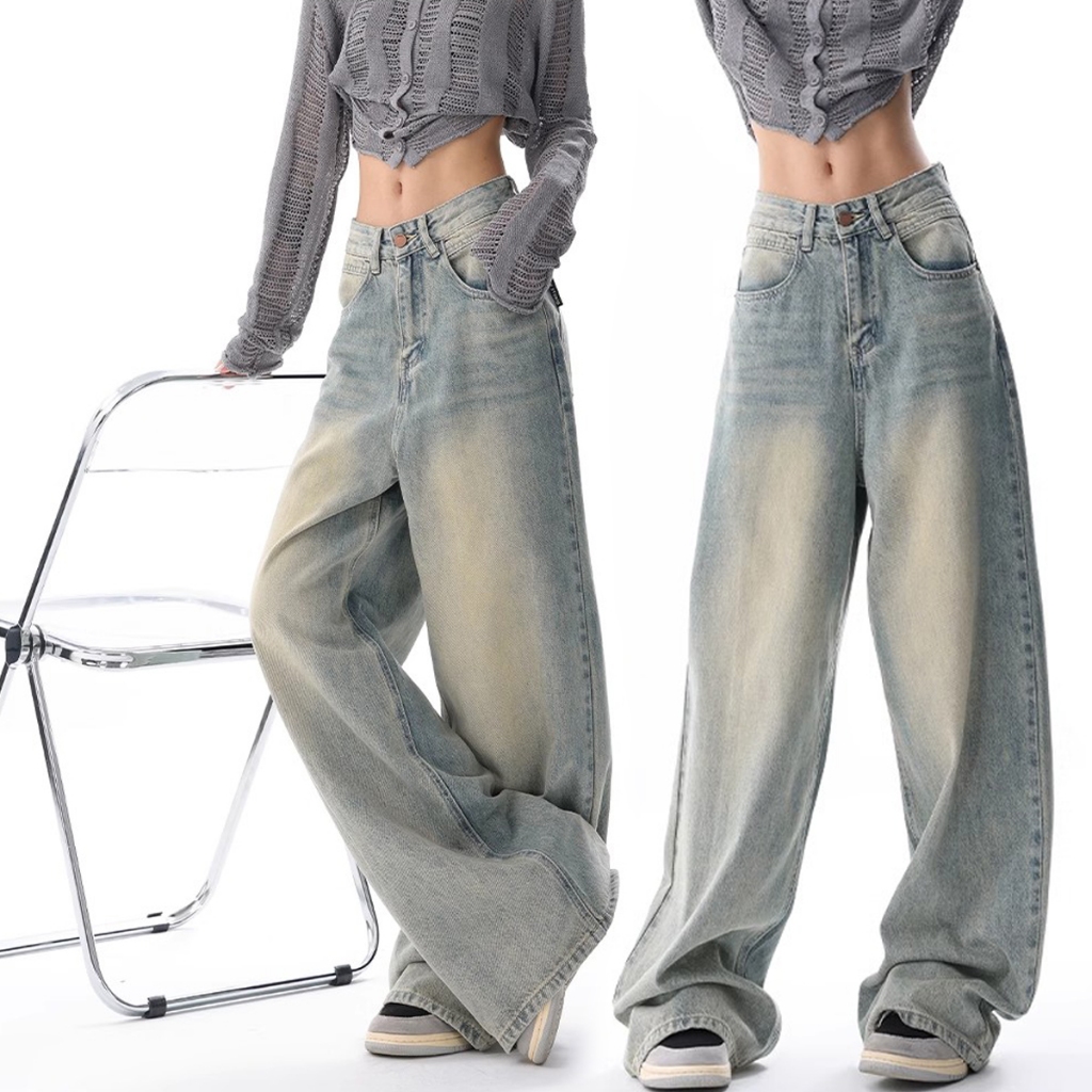 S~5XL Jeans for women กางเกงยีนส์ขายาวสีน้ำเงินตรง  กางเกงยีนส์ขายาวสไตล์อเมริกันแบบสบายๆ  กางเกงยีนส์ขายาวรูปทรงหลวมHOT