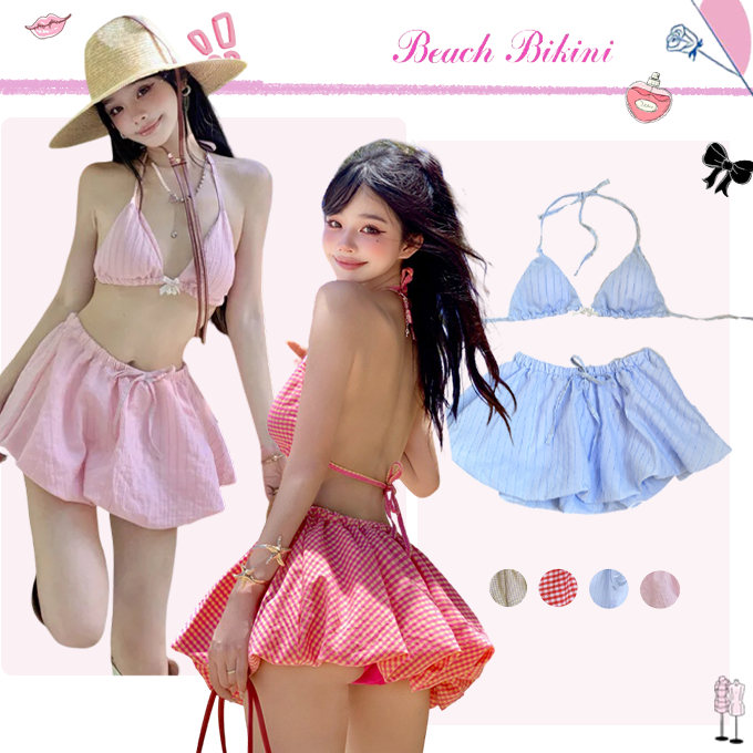 🌸Beach Bikini🌸bikini swimsuit บิกินี่ 3 ชิ้น ลายสก็อต เชือกผูก สไตล์เกาหลี เซ็กซี่ เหมาะสำหรับสาวๆ