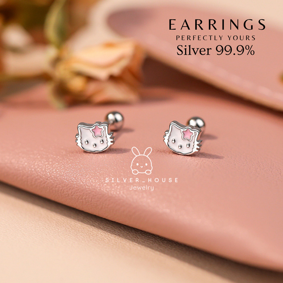 ต่างหูเงินแท้ 99.9% หน้าแมวลงยา น่ารักมากๆ ทรงดัมเบล เกลียวหมุน หัวสกูร​ ต่างหูเงินจิว​