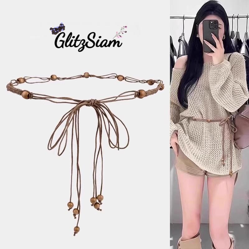 Glitzsiam เข็มขัดคาดเอวผู้หญิงสไตล์วินเทจ เข็มขัดประดับลูกปัดแฟชั่น มีให้เลือก 3 สี จับคู่ได้ง่าย ราคาจับต้องได้.
