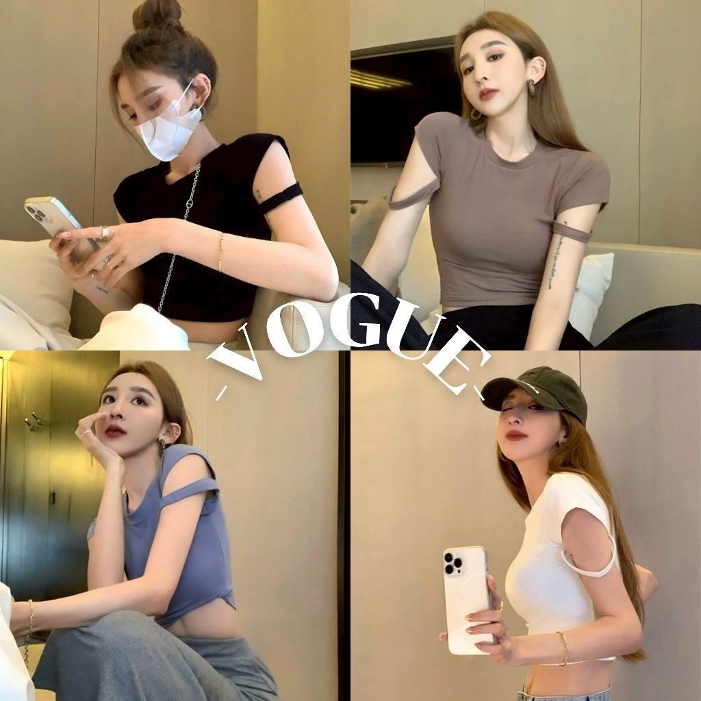 Vogue พร้อมส่ง เสื้อครอปแขนสั้น คอกลม เสริมฟองน้ำ ยืดทรงรัดรูป (FY3528)