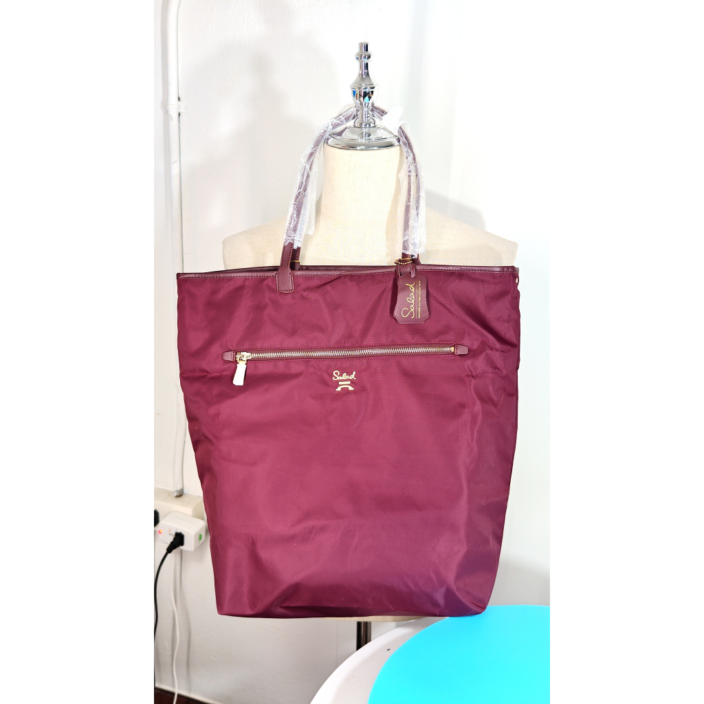 Salad:กระเป๋าโท้ทผู้หญิงสีแดงเข้ม วัสดุกันน้ำ ความจุขนาดใหญ่