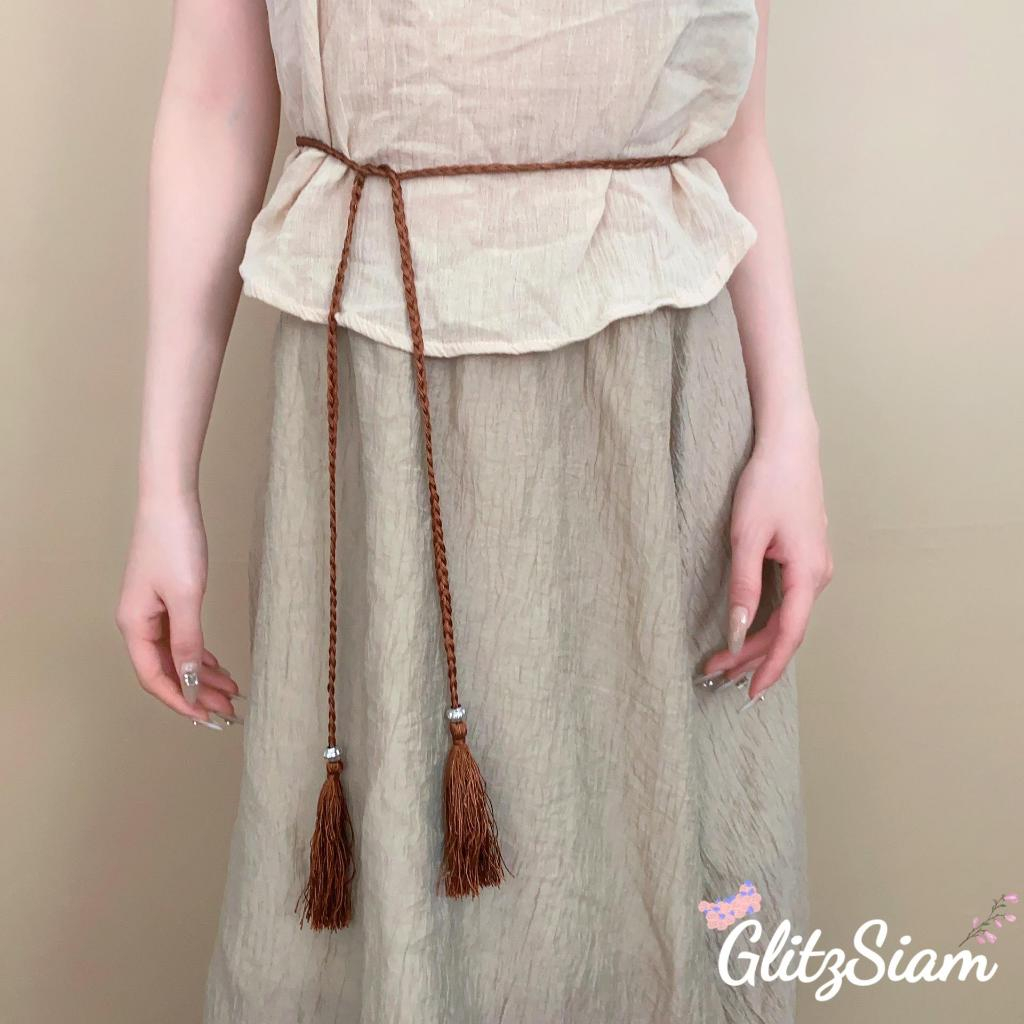 Glitzsiam🔆🔆เข็มขัดพู่สไตล์โบฮีเมียน เชือกคาดเอวทอมือ สไตล์เรียบง่าย หลากสีสัน ราคาประหยัด.