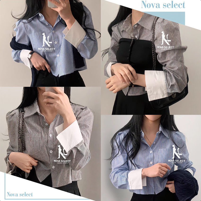 พร้อมส่ง เสื้อเบลาส์ เสื้อเชิ้ตสีน้ำเงิน แขนยาวลายทางแฟชั่นสุดชิค คอวี ย้อนยุค สไตล์เกาหลีหลวม Lady Clothing