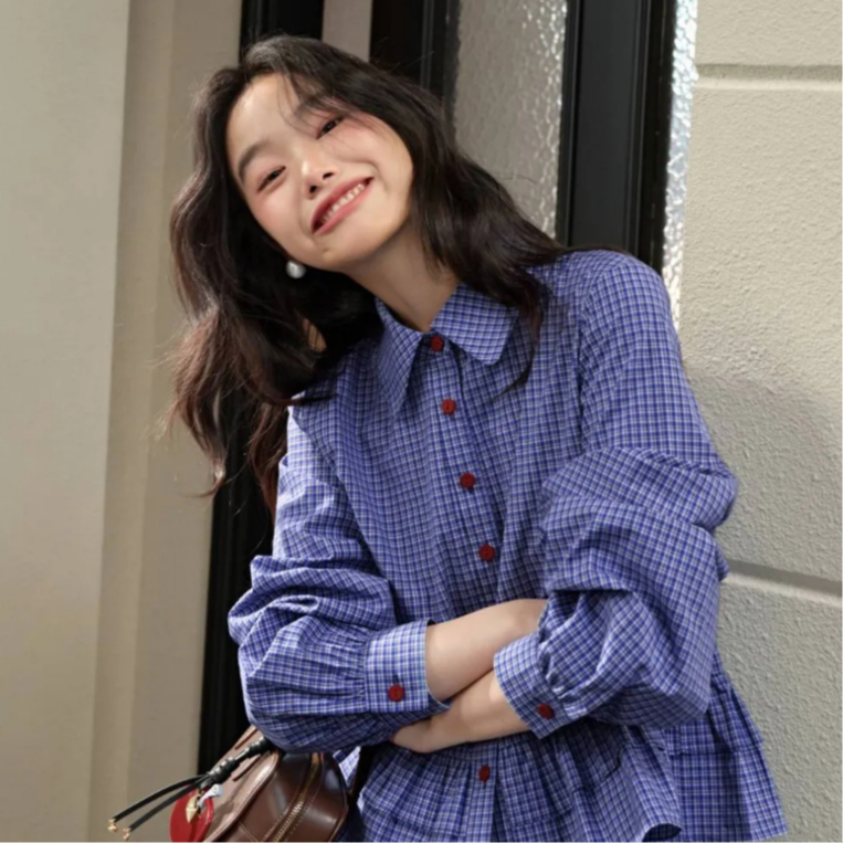 [พรีออเดอร์] ❤KUOSE : Blue Plaid Blouse❤