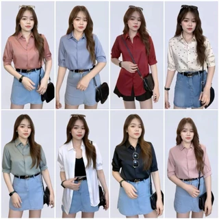 D016 เสื้อเชิ้ตผ้าซาตินพรีเมี่ยมแขนสั้น งานซ่อนกระดุม แต่งกระดุมเพชร มี 10 สี งานพร้อมส่ง