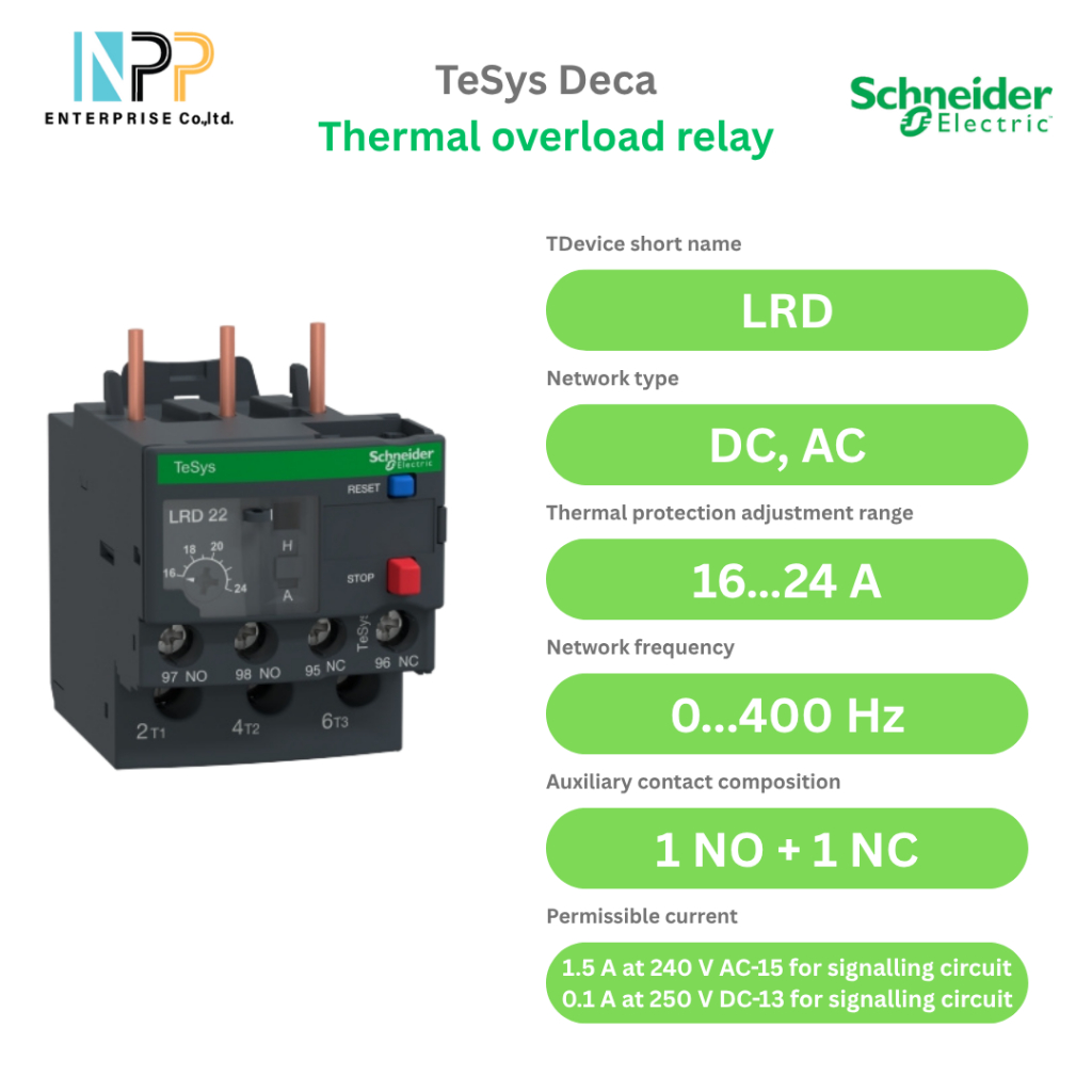 Schneider Electric Thermal overload relay,รุ่น Tesys Deca,16-24A,1NO+1NC,class 10A,screw clamp (LRD2