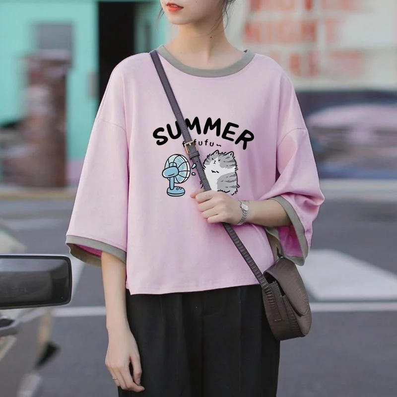 เสื้อครอปสาวอวบอ้วนไซส์ใหญ่ oversize เสื้อผ้าแฟชั่นวัยรุ่นน่ารัก เสื้อยืดลายการ์ตูนสวยๆผู้หญิงฤดูร้อนใหม่ แขนห้าส่วนสีทู thumbnail 3