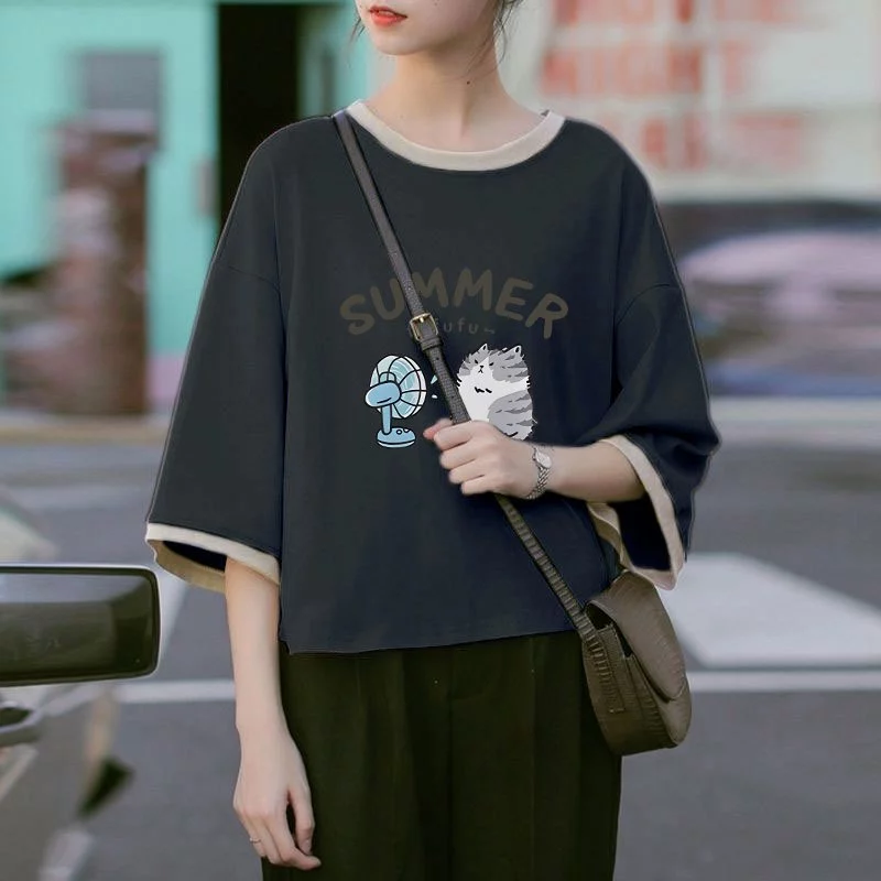 เสื้อครอปสาวอวบอ้วนไซส์ใหญ่ oversize เสื้อผ้าแฟชั่นวัยรุ่นน่ารัก เสื้อยืดลายการ์ตูนสวยๆผู้หญิงฤดูร้อนใหม่ แขนห้าส่วนสีทู thumbnail 5